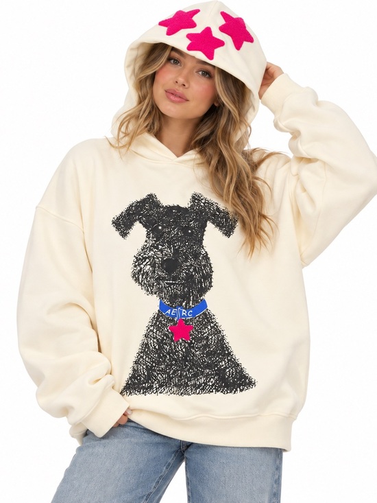 Aelfric Eden Sweaters - Aelfric Eden Cream Hoodie with Black Dog Graphic and Pink Star Details